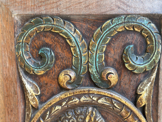 Antique Renaissance Wood Panel, 19thC Hand Carved Wall Art, Polychrome Medallion, Architectural Salvage Decor