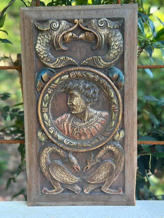Antique Renaissance Wood Panel, 19thC Hand Carved Wall Art, Polychrome Medallion, Architectural Salvage Decor