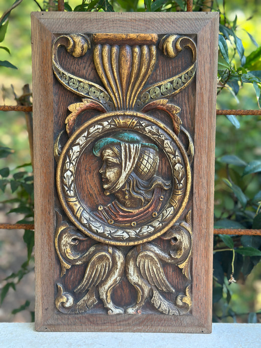Antique Renaissance Wood Panel, 19thC Hand Carved Wall Art, Polychrome Medallion, Architectural Salvage Decor