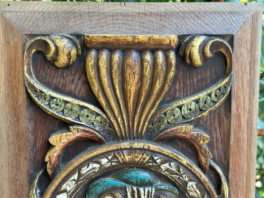 Antique Renaissance Wood Panel, 19thC Hand Carved Wall Art, Polychrome Medallion, Architectural Salvage Decor