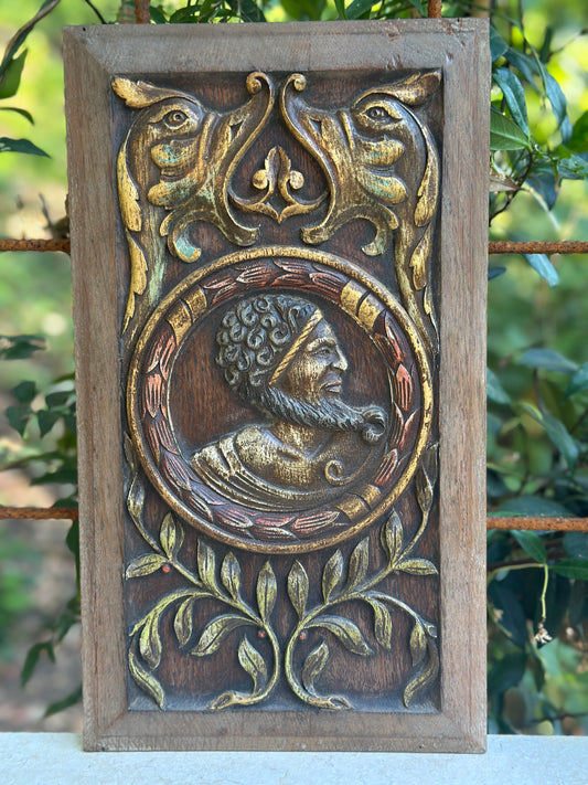 Antique Renaissance Wood Panel, 19thC Hand Carved Wall Art, Polychrome Medallion, Architectural Salvage Decor
