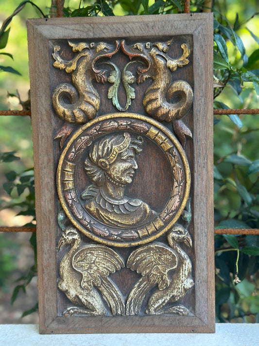 Antique Renaissance Wood Panel, 19thC Hand Carved Wall Art, Polychrome Medallion, Architectural Salvage Decor