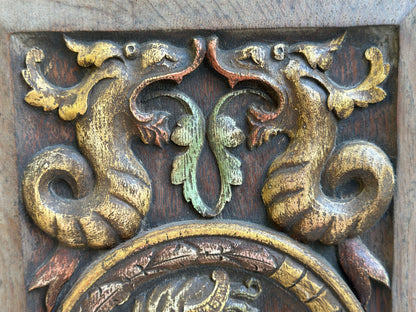 Antique Renaissance Wood Panel, 19thC Hand Carved Wall Art, Polychrome Medallion, Architectural Salvage Decor