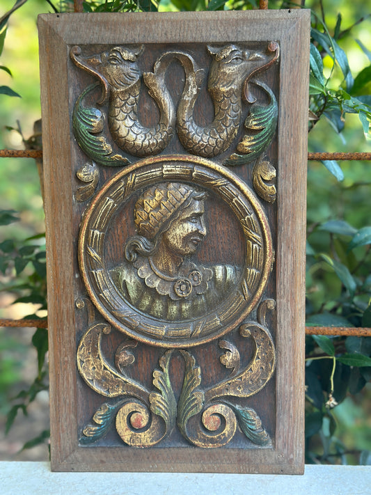 Antique Renaissance Wood Panel, 19thC Hand Carved Wall Art, Polychrome Medallion, Architectural Salvage Decor