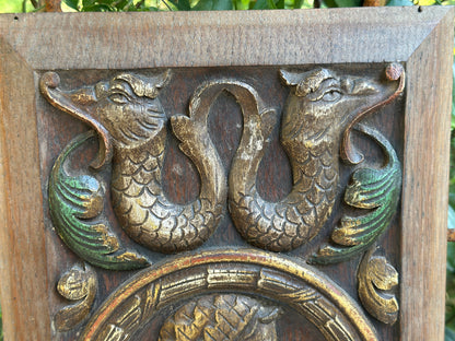 Antique Renaissance Wood Panel, 19thC Hand Carved Wall Art, Polychrome Medallion, Architectural Salvage Decor