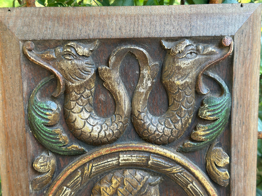 Antique Renaissance Wood Panel, 19thC Hand Carved Wall Art, Polychrome Medallion, Architectural Salvage Decor