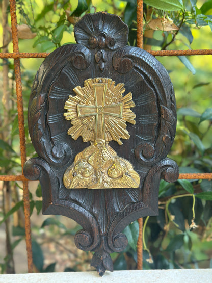 Antique French Wall religious plaque, Carved oak & gilt bronze cross with cherubs, Rococo devotional wall decor, 19th