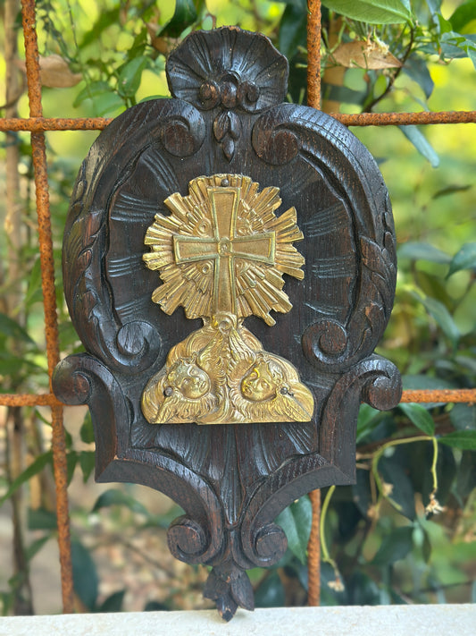 Antique French Wall religious plaque, Carved oak & gilt bronze cross with cherubs, Rococo devotional wall decor, 19th