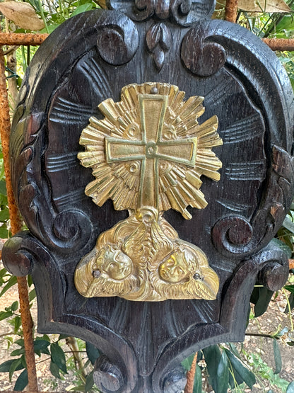 Antique French Wall religious plaque, Carved oak & gilt bronze cross with cherubs, Rococo devotional wall decor, 19th