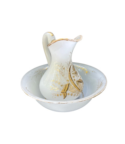 Antique Opaline & Gold Leaf Pitcher and Bowl Set – Napoleon III Period, c. 1880