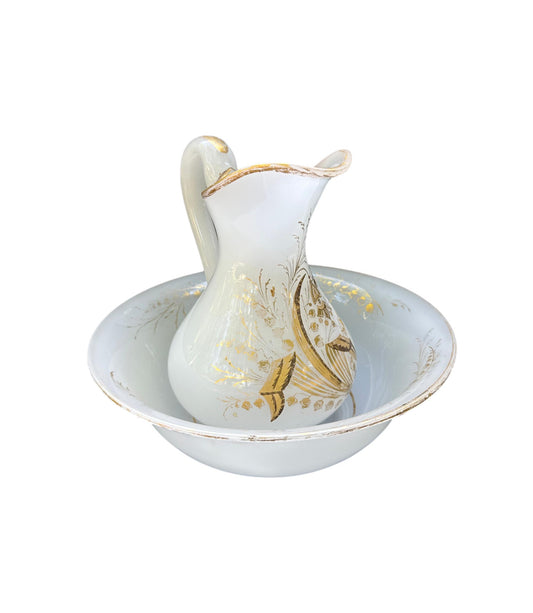 Antique Opaline & Gold Leaf Pitcher and Bowl Set – Napoleon III Period, c. 1880