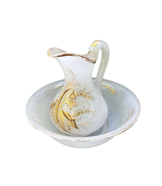 Antique Opaline & Gold Leaf Pitcher and Bowl Set – Napoleon III Period, c. 1880