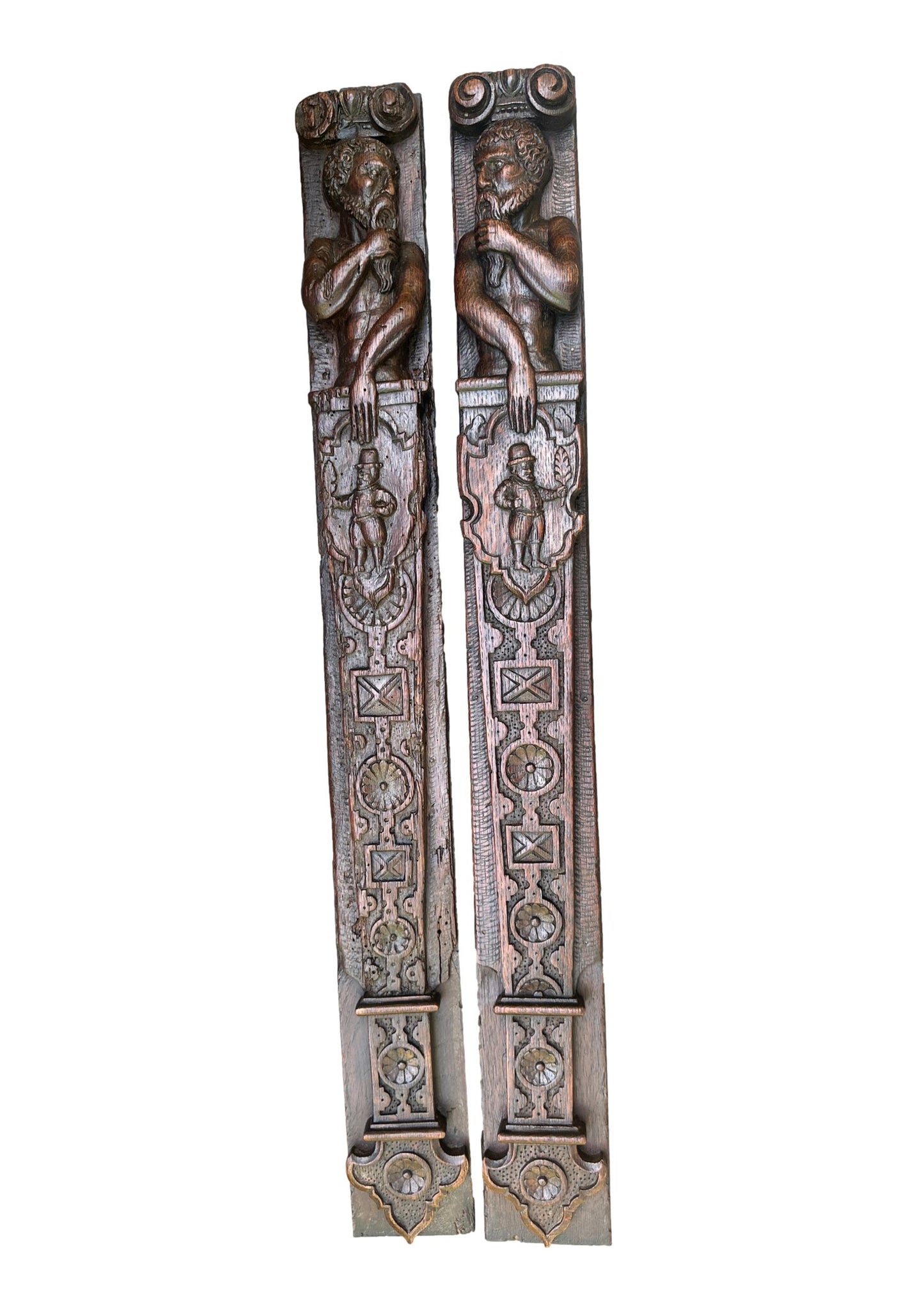 Pair of Antique Carved Oak Columns 17th 18th Century