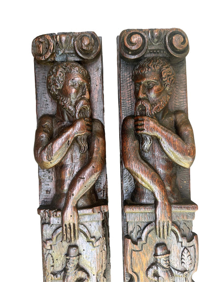 Pair of Antique Carved Oak Columns 17th 18th Century