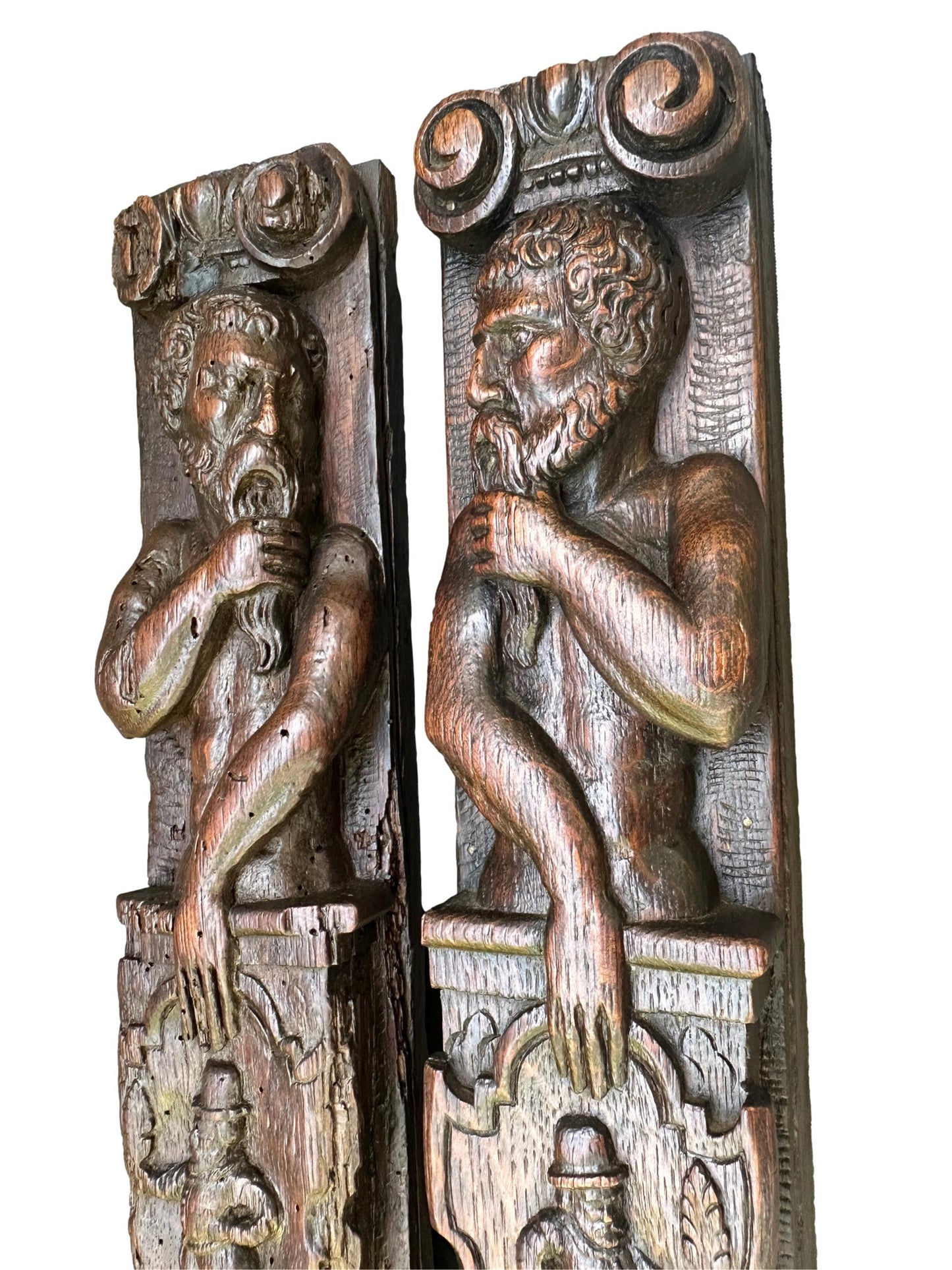 Pair of Antique Carved Oak Columns 17th 18th Century