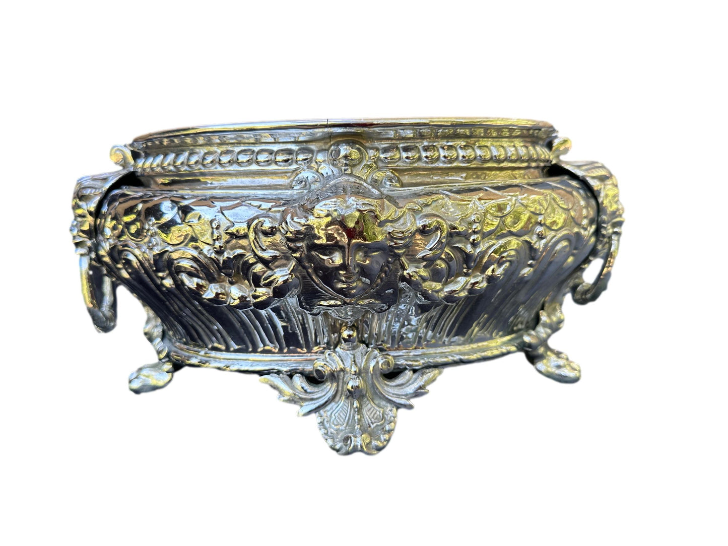 French Antique Silver Metal Planter, Mascaron, Lion 19th