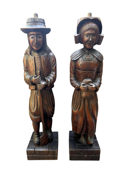 Pair of Hand-Carved Wood Breton Statues – French Folk Art, Circa 1930