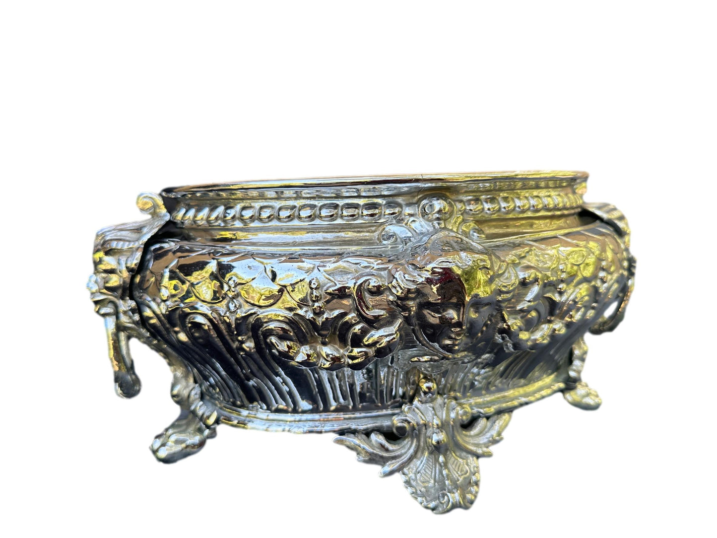 French Antique Silver Metal Planter, Mascaron, Lion 19th