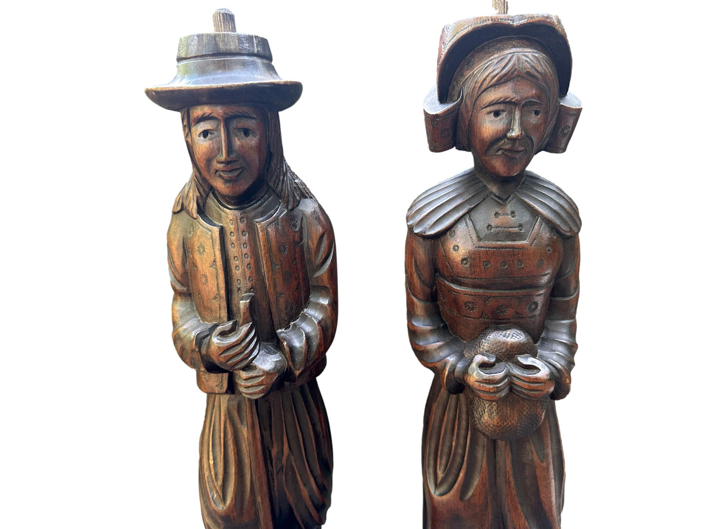 Pair of Hand-Carved Wood Breton Statues – French Folk Art, Circa 1930