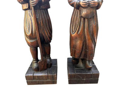 Pair of Hand-Carved Wood Breton Statues – French Folk Art, Circa 1930