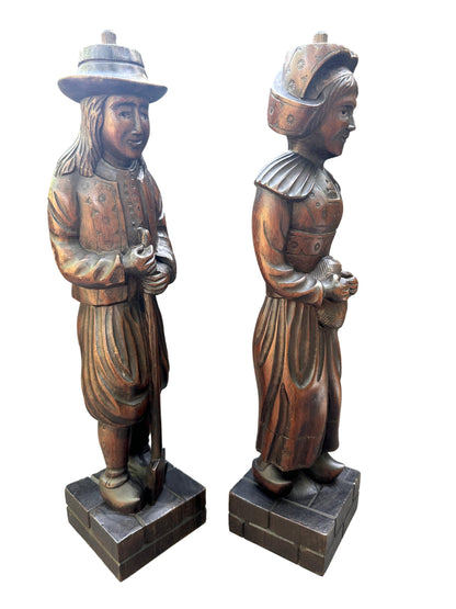 Pair of Hand-Carved Wood Breton Statues – French Folk Art, Circa 1930