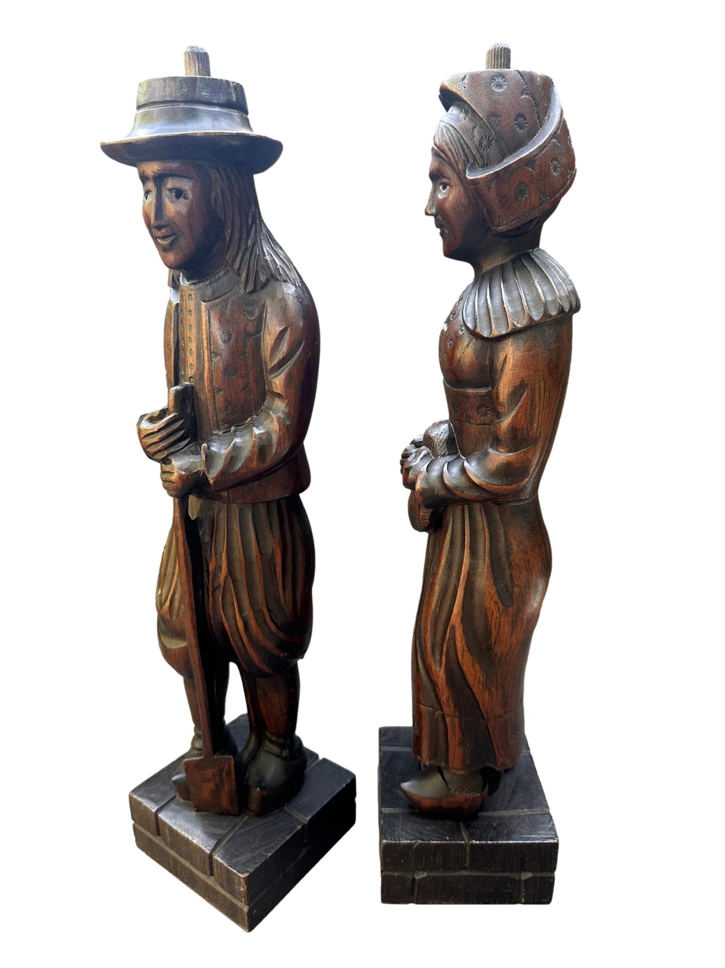 Pair of Hand-Carved Wood Breton Statues – French Folk Art, Circa 1930