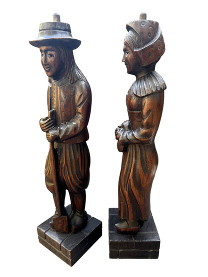 Pair of Hand-Carved Wood Breton Statues – French Folk Art, Circa 1930
