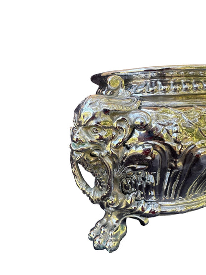 French Antique Silver Metal Planter, Mascaron, Lion 19th