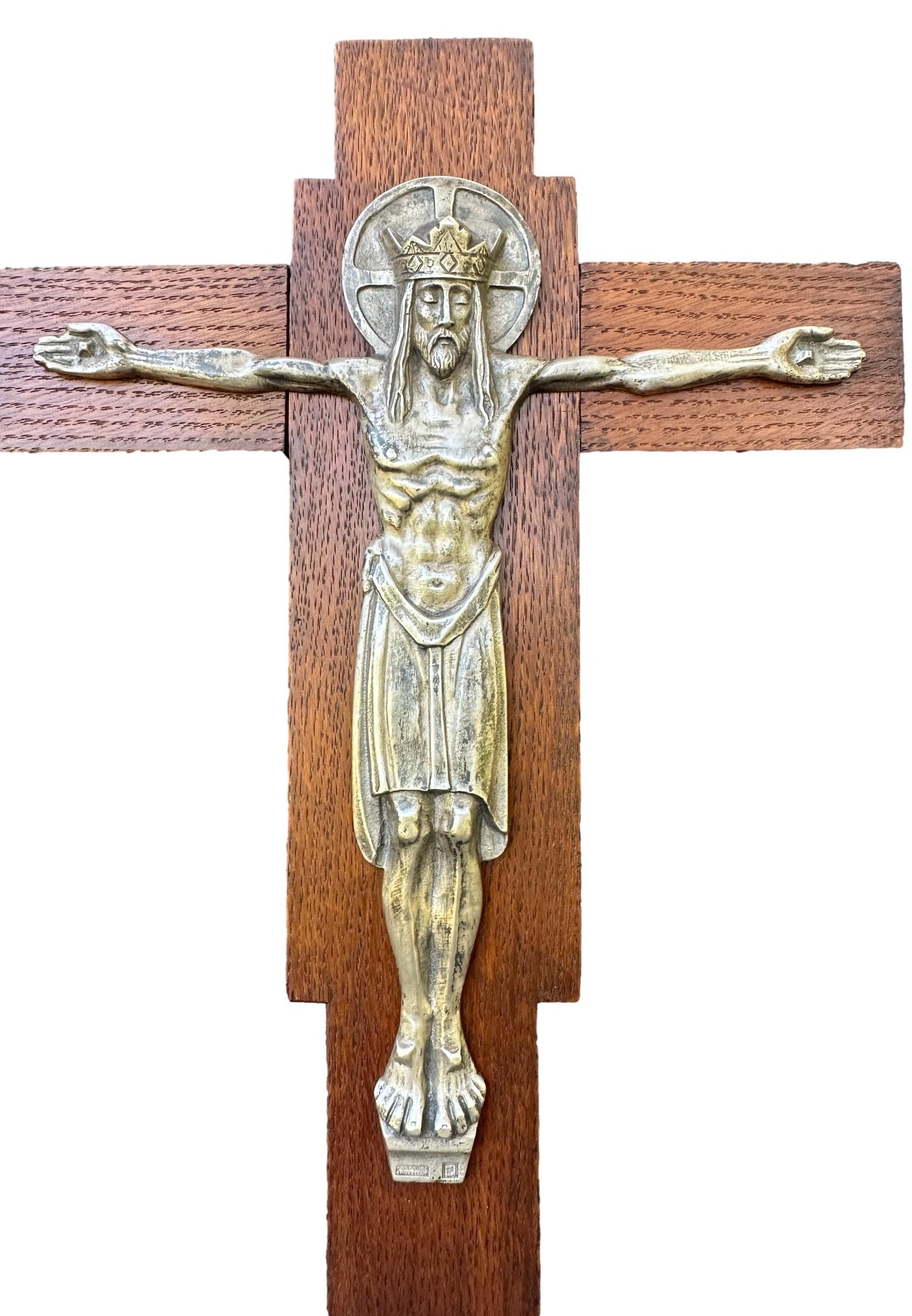 Antique Carved Wood Silver Metal Wall Crucifix Cross