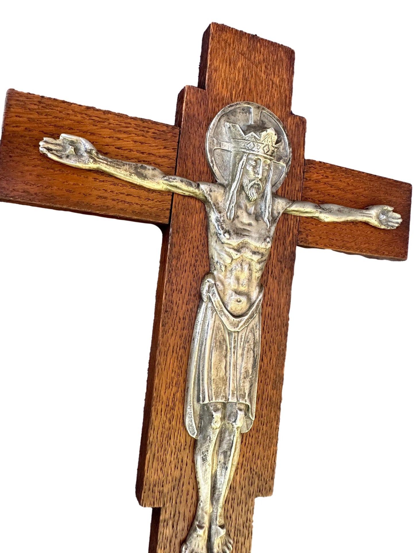 Antique Carved Wood Silver Metal Wall Crucifix Cross