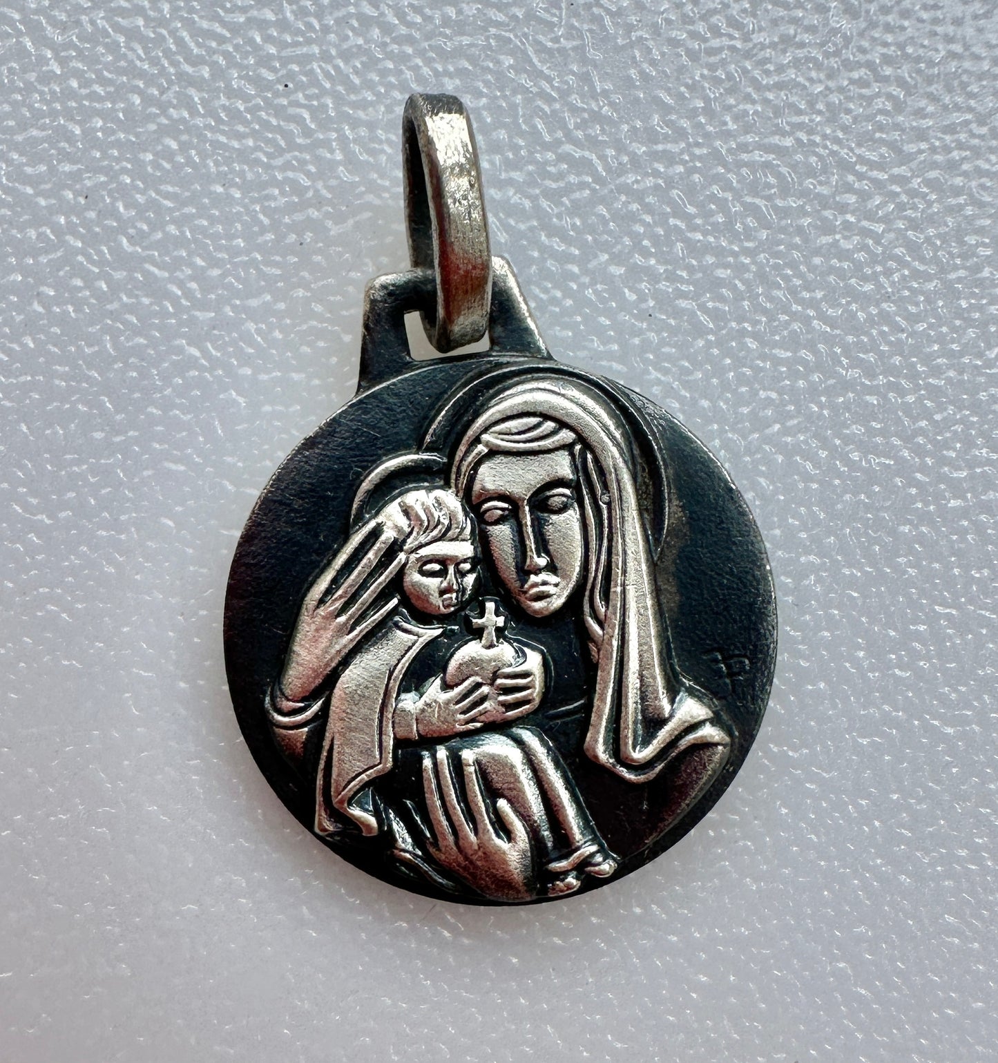 FERNAND PY Religious Virgin Mary Child Jesus Silver Metal Art Deco Medal