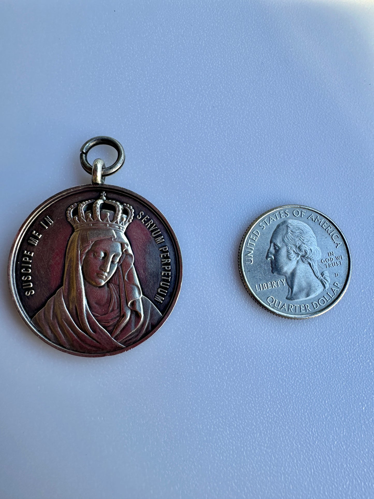 Large Antique Italian Religious Virgin Mary Crowned Medal Sterling Silver