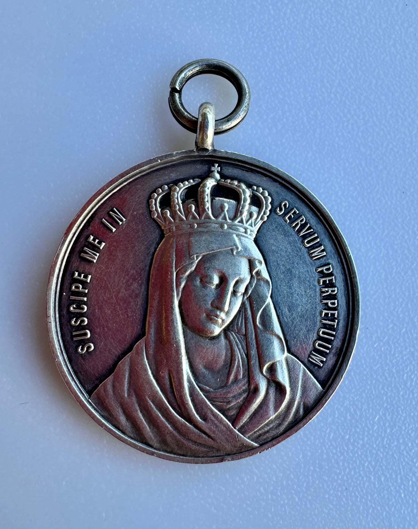 Large Antique Italian Religious Virgin Mary Crowned Medal Sterling Silver