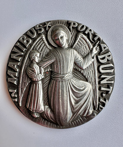 French Large Religious Silver Bronze Guardian Angel Medal