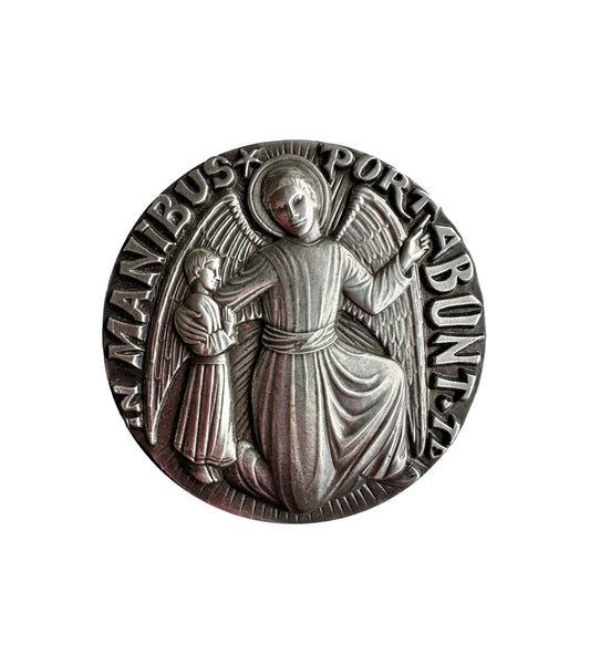 French Large Religious Silver Bronze Guardian Angel Medal