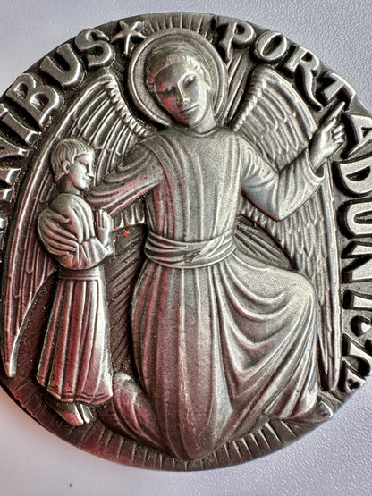 French Large Religious Silver Bronze Guardian Angel Medal