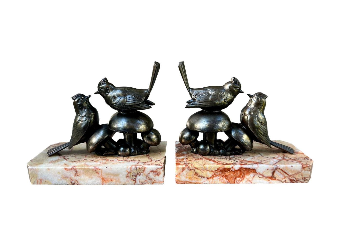 Art Deco Bird Bookends – 1930s French Regule & Marble Birds on Mushrooms