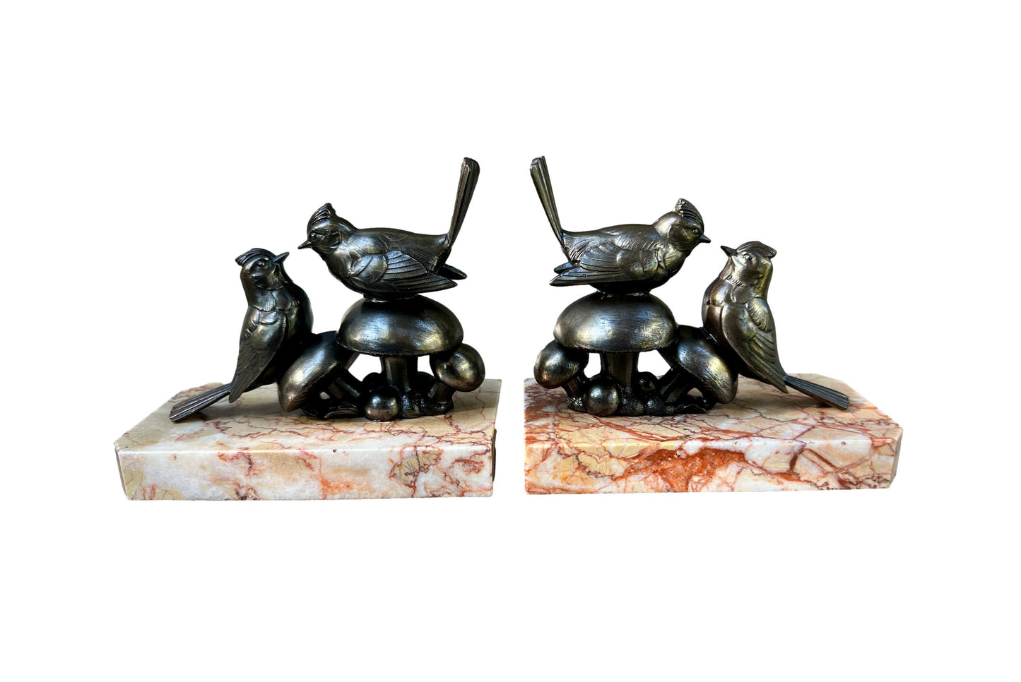 Art Deco Bird Bookends – 1930s French Regule & Marble Birds on Mushrooms