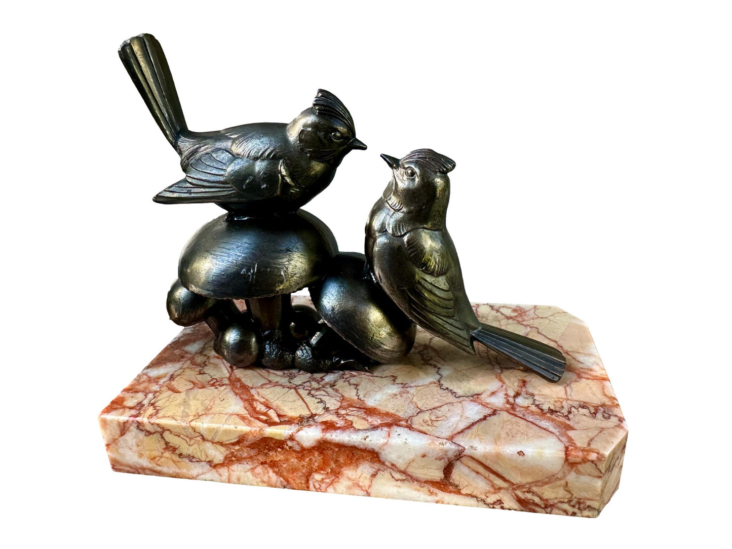Art Deco Bird Bookends – 1930s French Regule & Marble Birds on Mushrooms