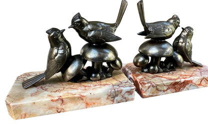 Art Deco Bird Bookends – 1930s French Regule & Marble Birds on Mushrooms