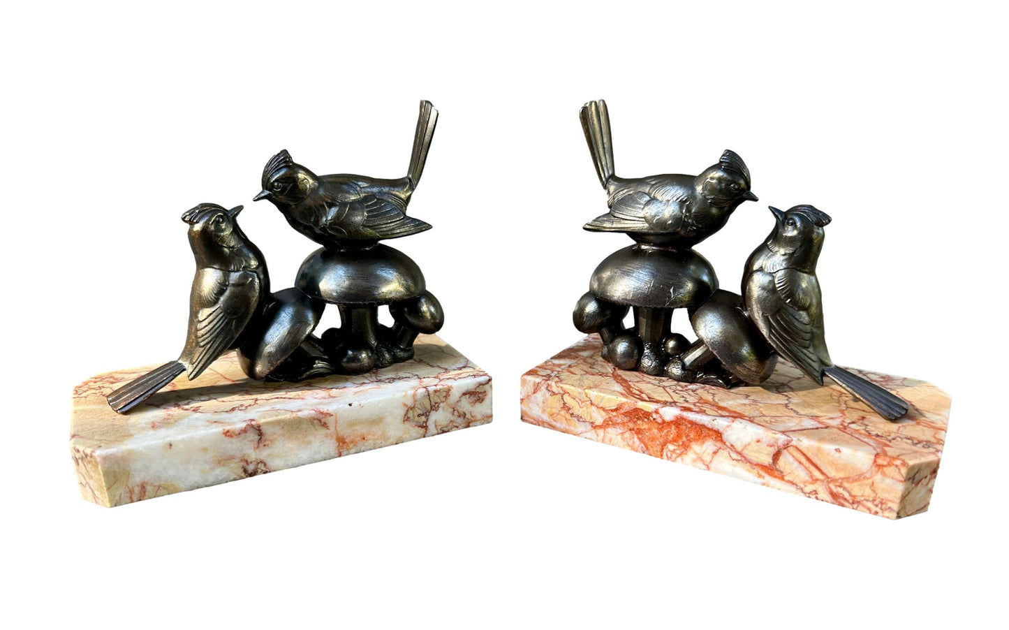 Art Deco Bird Bookends – 1930s French Regule & Marble Birds on Mushrooms