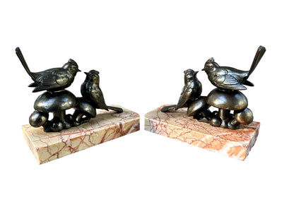 Art Deco Bird Bookends – 1930s French Regule & Marble Birds on Mushrooms