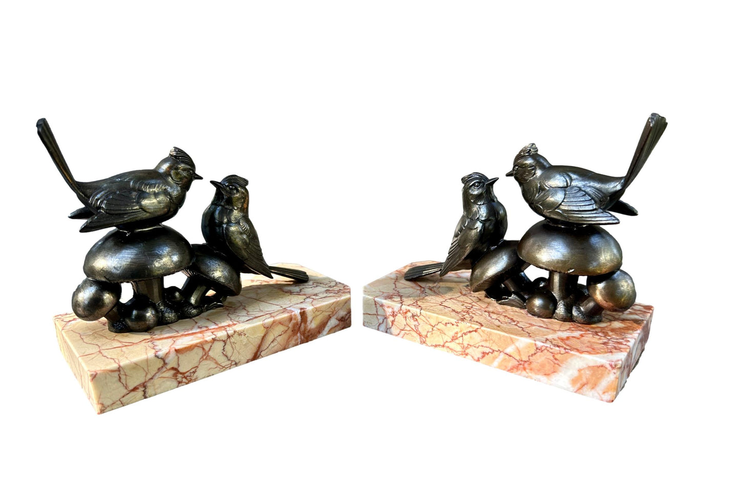 Art Deco Bird Bookends – 1930s French Regule & Marble Birds on Mushrooms