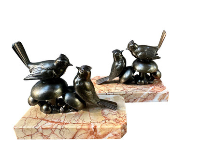 Art Deco Bird Bookends – 1930s French Regule & Marble Birds on Mushrooms