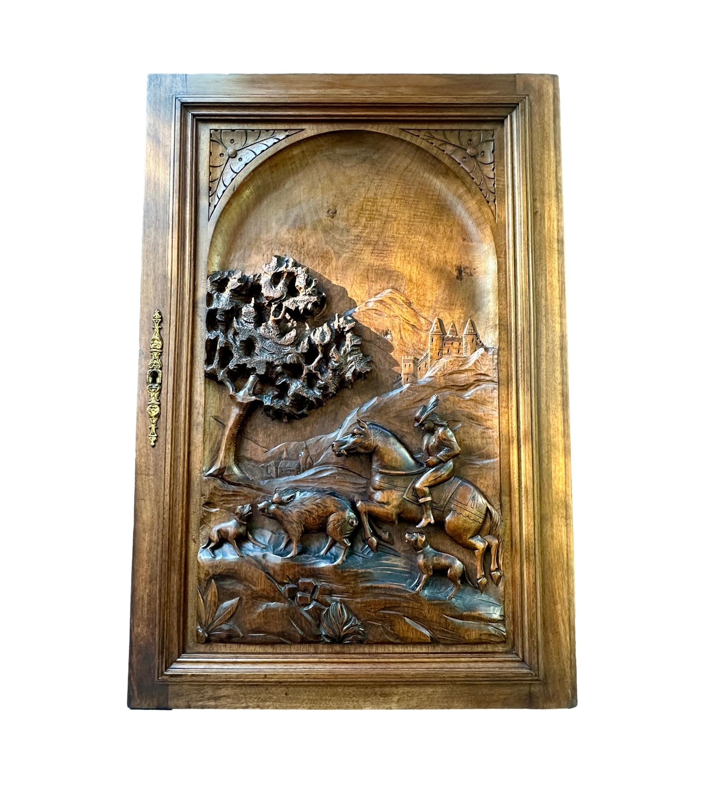 19th Century French Carved Walnut Door – Hunting Scene with Horse and Dogs