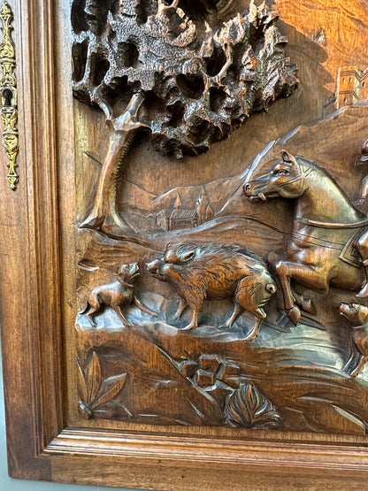 19th Century French Carved Walnut Door – Hunting Scene with Horse and Dogs