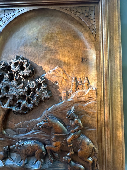 19th Century French Carved Walnut Door – Hunting Scene with Horse and Dogs