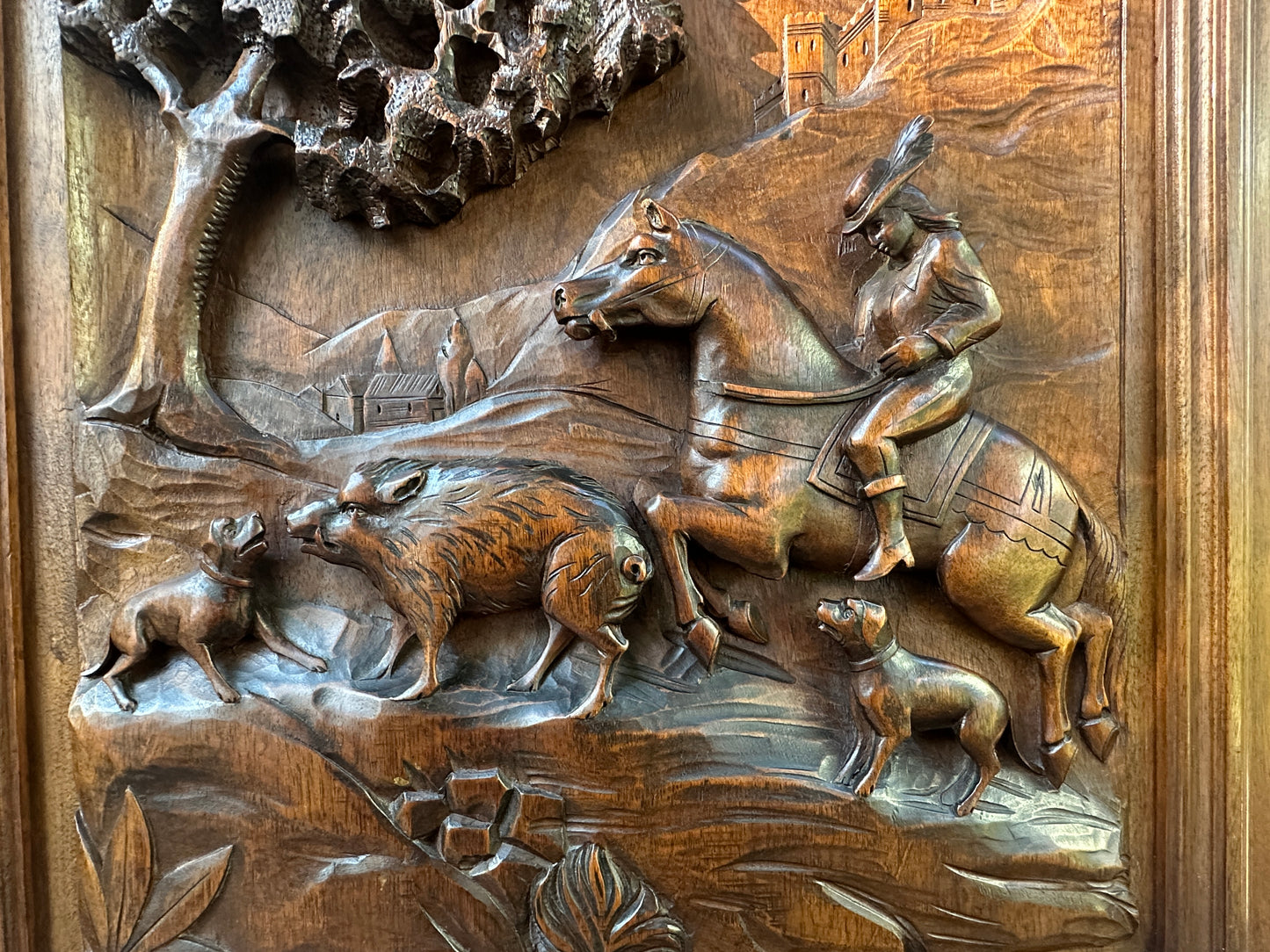 19th Century French Carved Walnut Door – Hunting Scene with Horse and Dogs