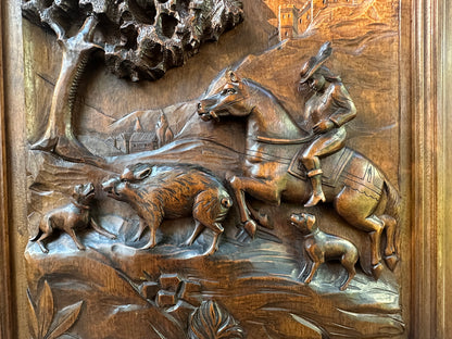 19th Century French Carved Walnut Door – Hunting Scene with Horse and Dogs