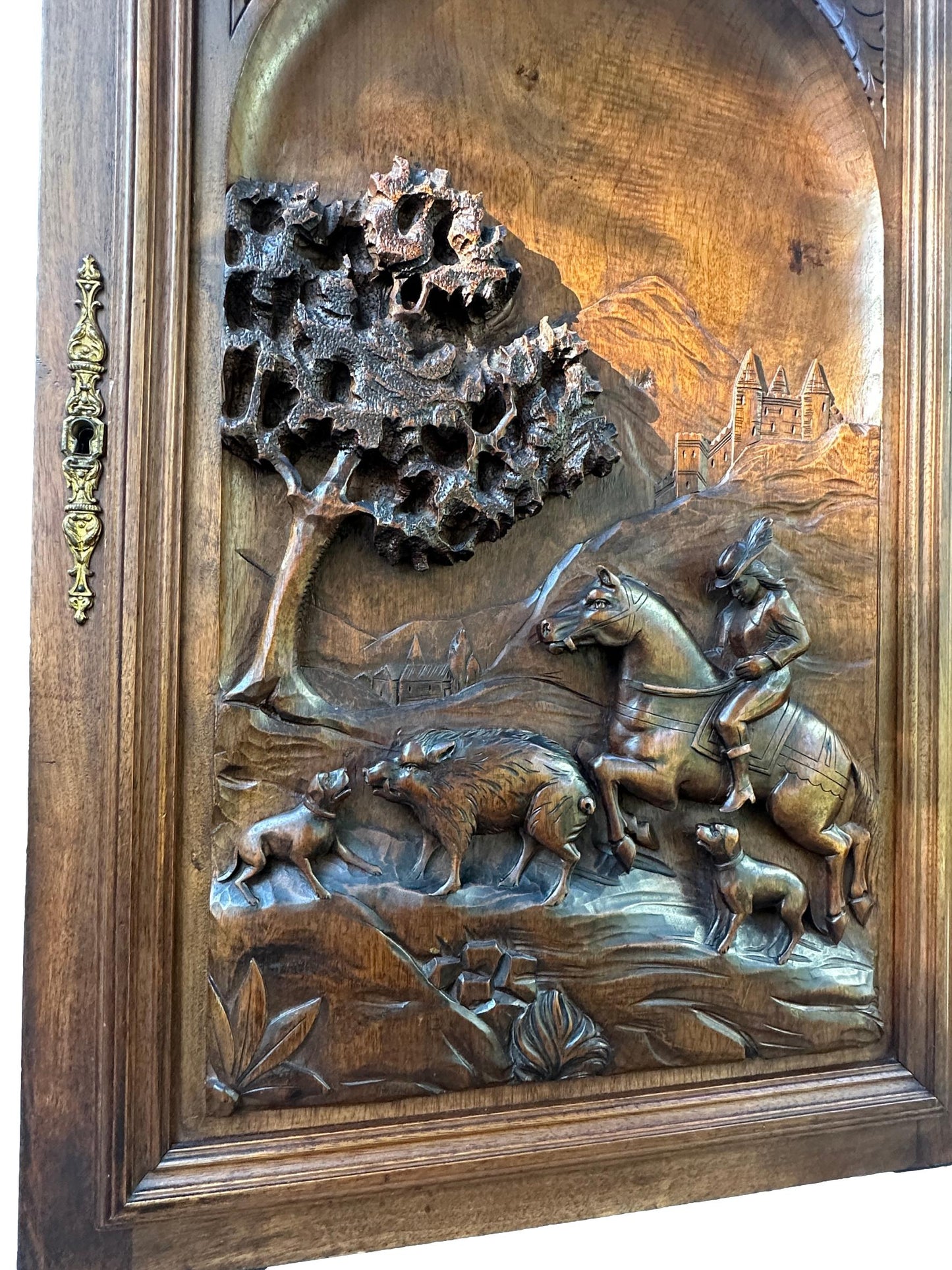 19th Century French Carved Walnut Door – Hunting Scene with Horse and Dogs